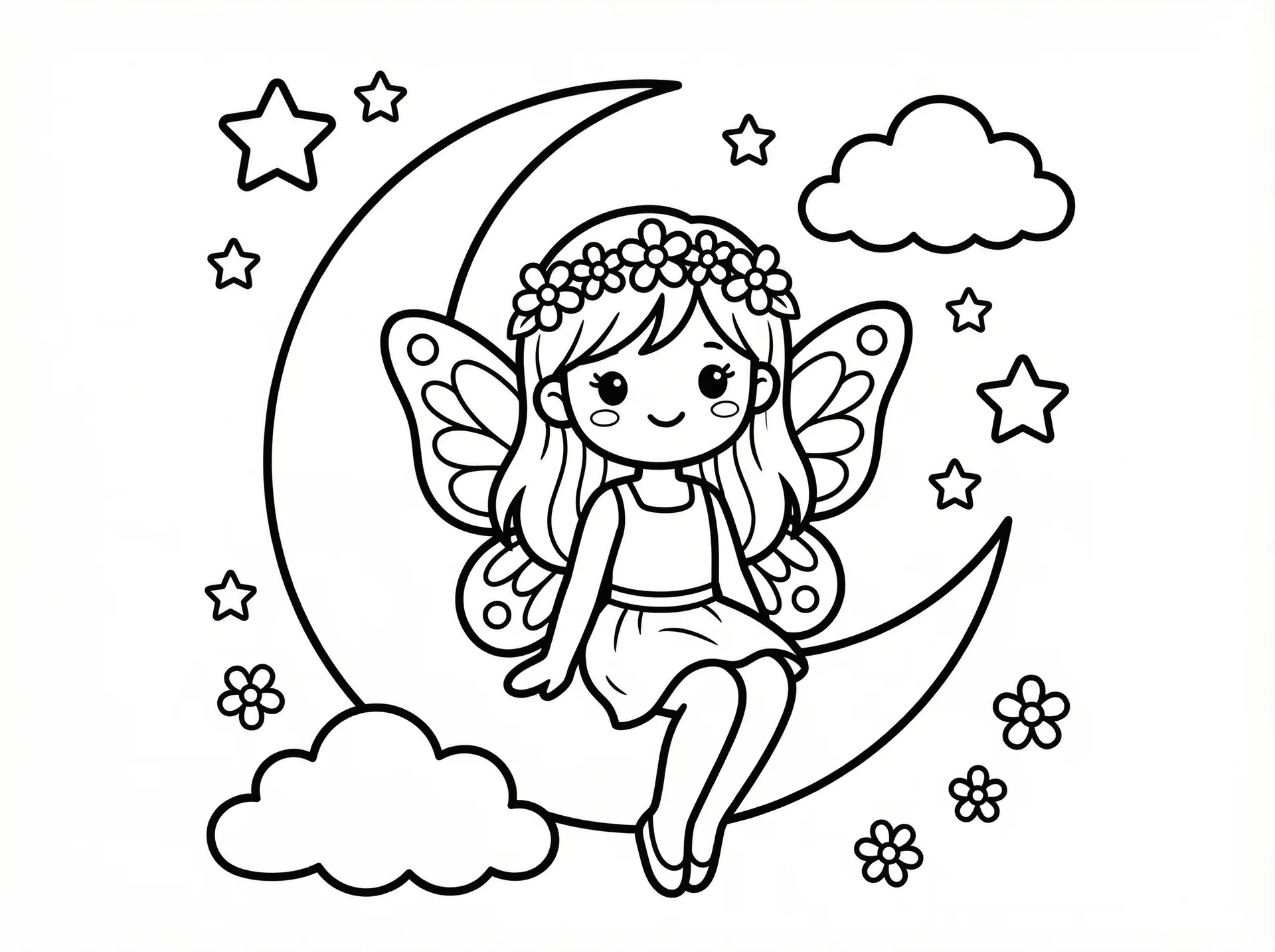 骚丝 - 月亮上的蝴蝶翅膀精灵涂色线稿